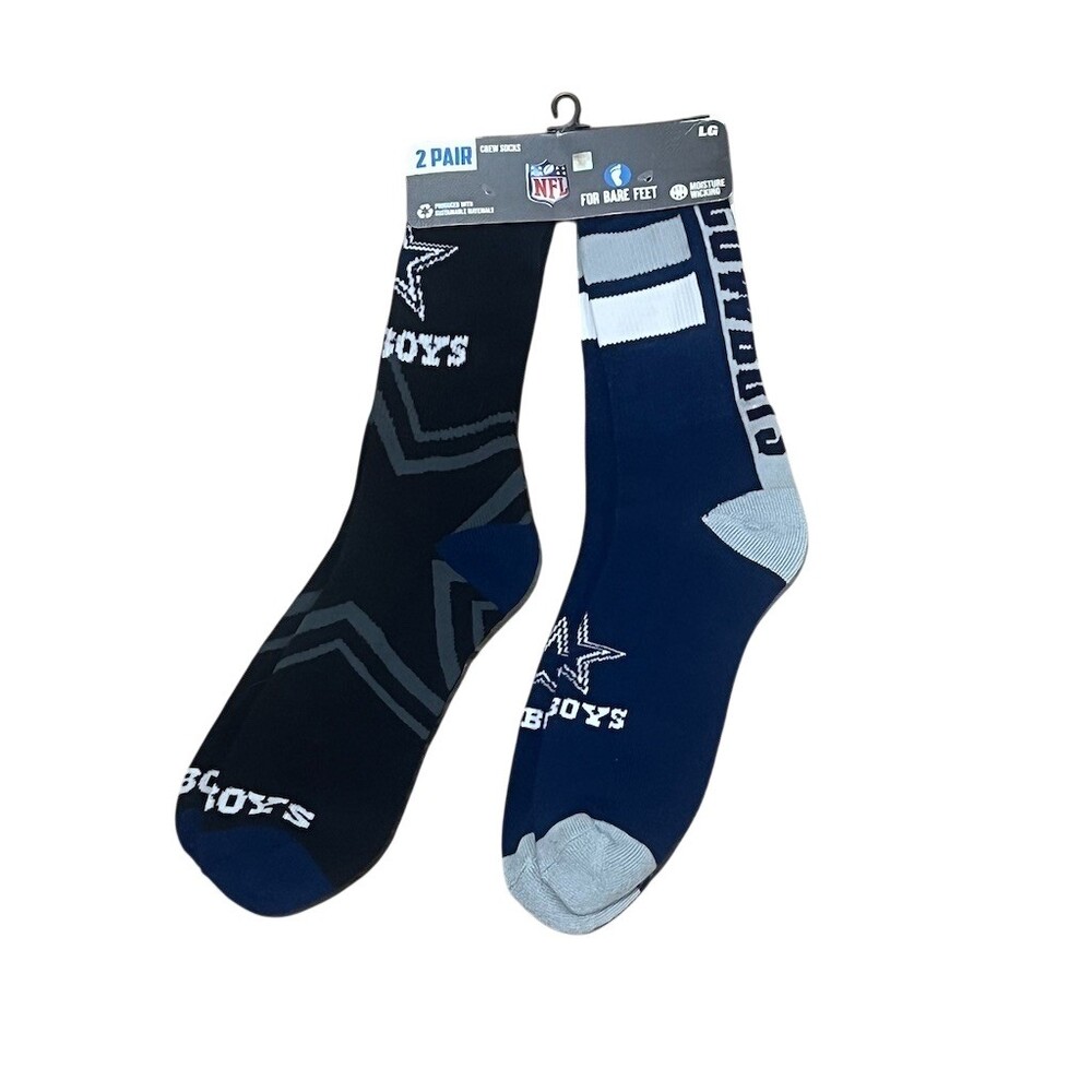 Dallas Cowboys For Bare Feet Men's Crew Socks 2-Pair Set Multicolor LG